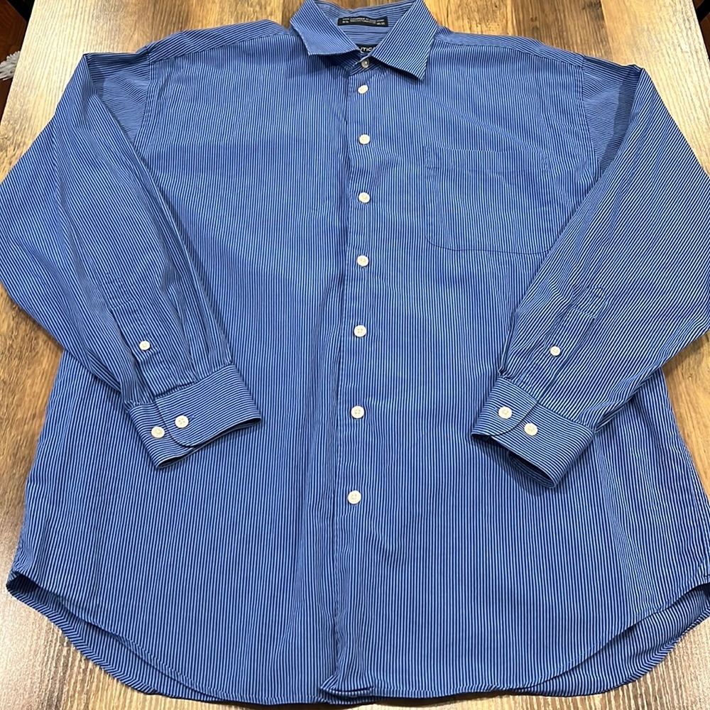 Nautica Blue Striped 100% Cotton Button-Down Dress Shirt | 16.5 34/35